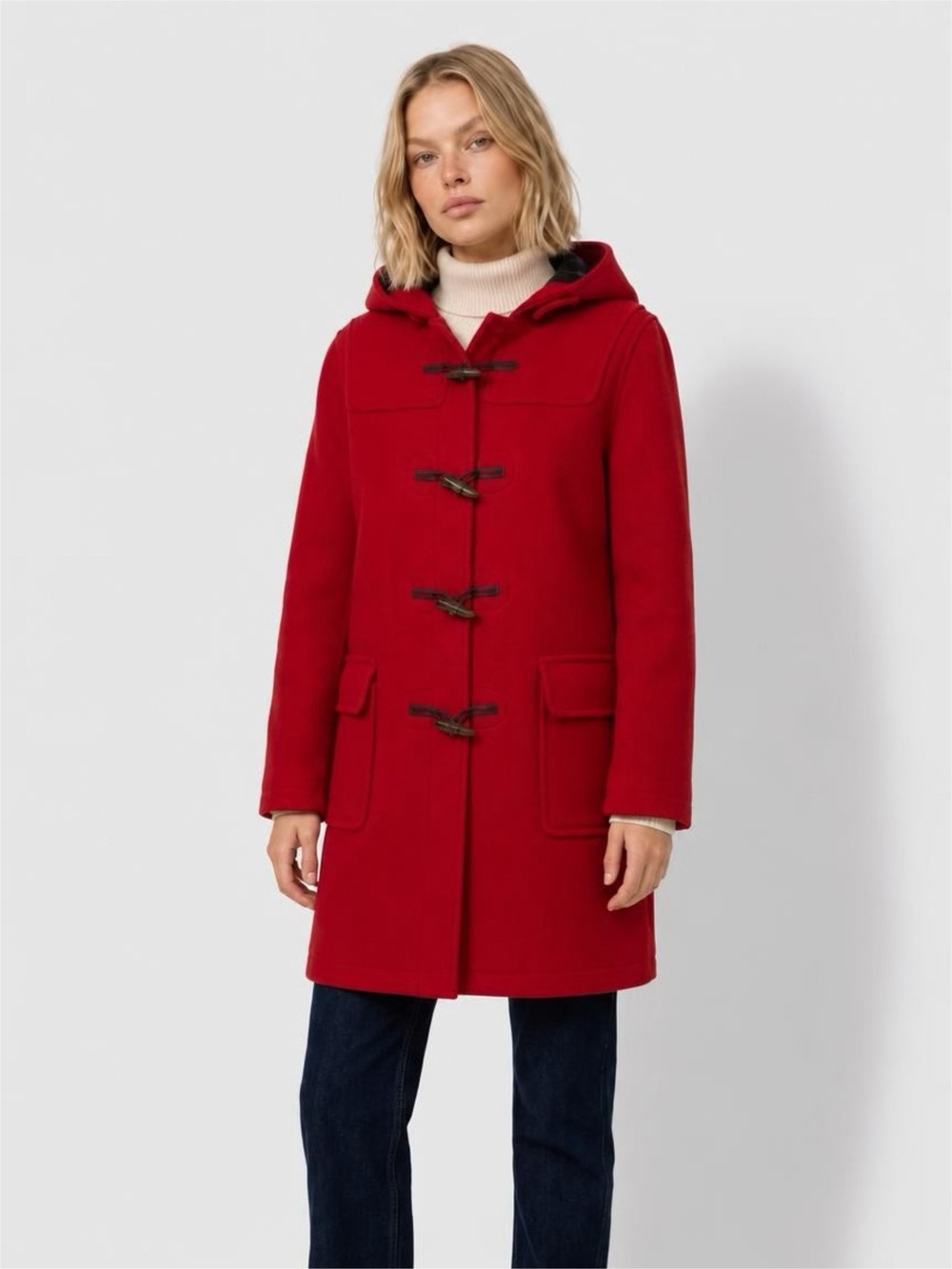 MONTGOMERY ENGLAND Red Duffle Coat SIZE M Hooded Toggle Women's Classic Duffle